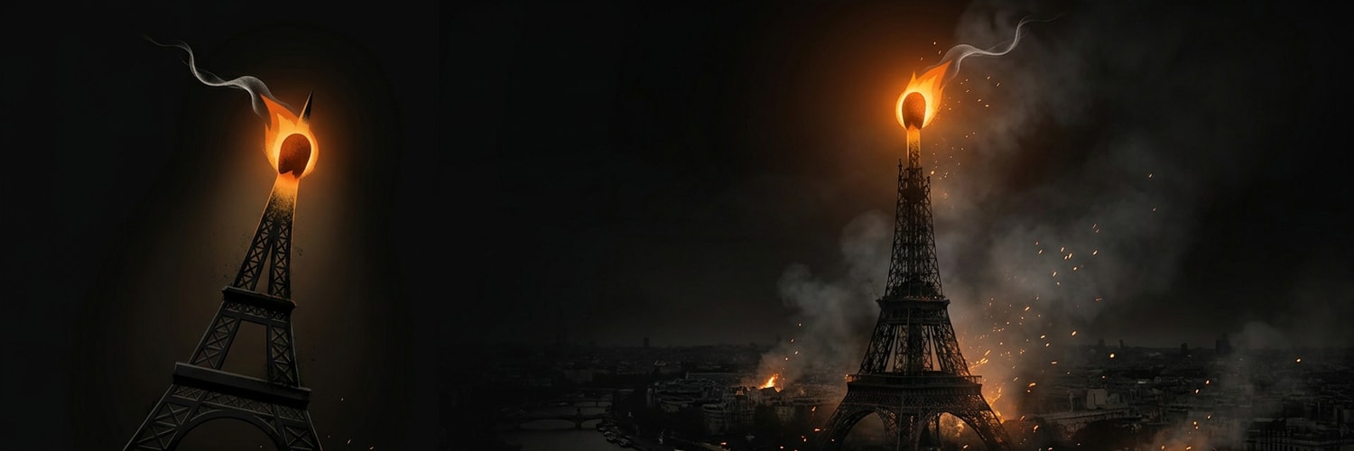 The burning Eiffel Tower poster: a charred iron tower against the night sky over Paris, lit by ember-orange fire.