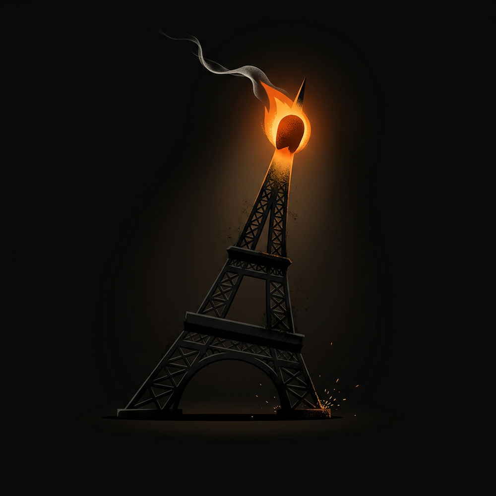 A minimalist graphic emblem of a charred black iron tower silhouette tipped with a bright burning orange-gold ember against a solid dark backdrop.