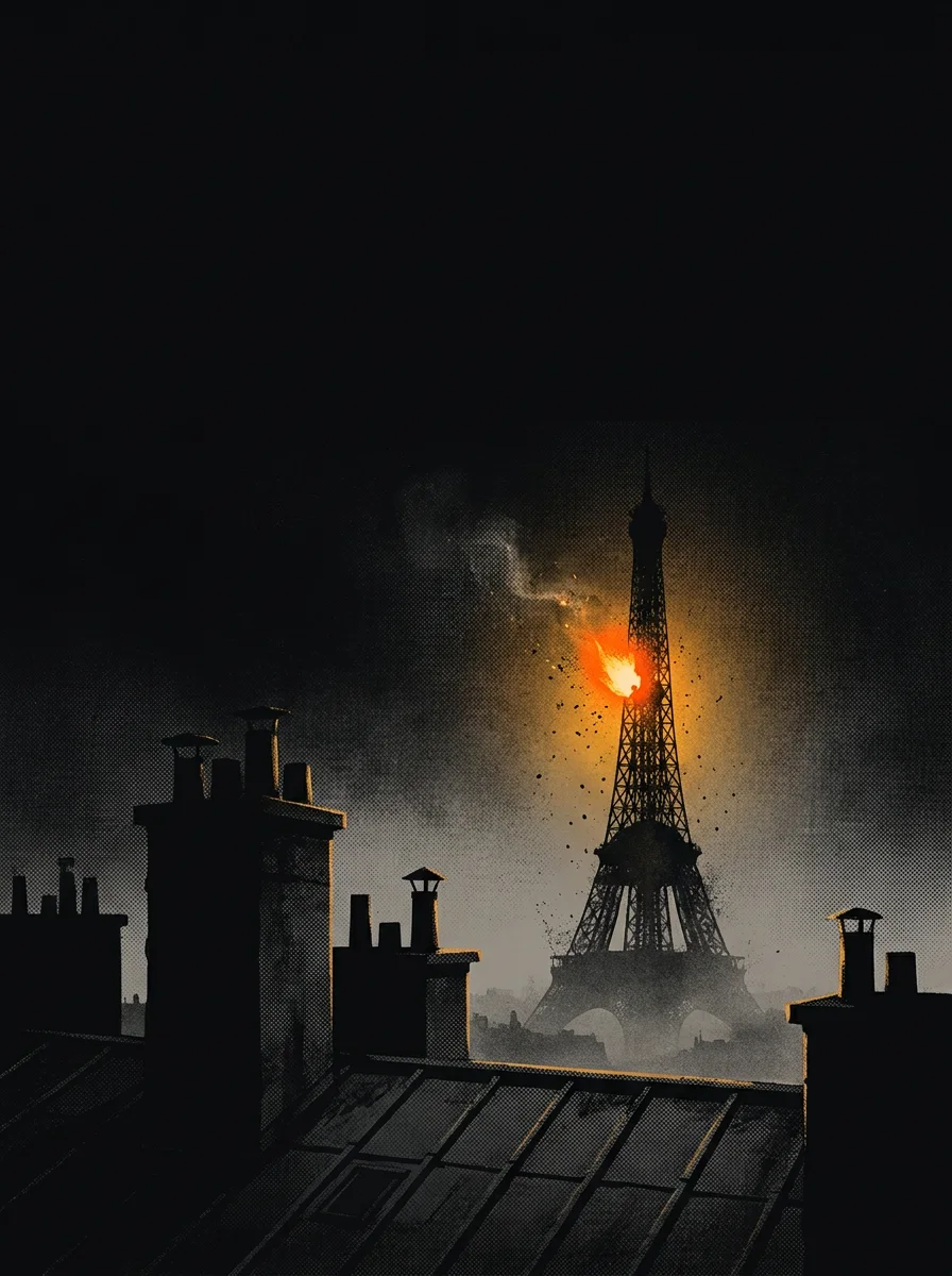 A solitary glowing orange ember hovers above the distant dark silhouette of an iron tower against a midnight Paris skyline in a textured screen-print style.
